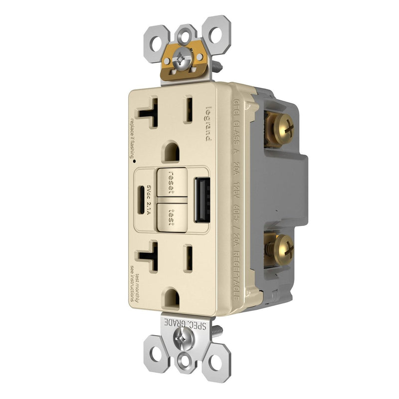 2097TRUSBACW, USB-AC Charging and GFCI Outlet, 20A, Light Almond, Right Side