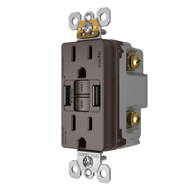 Combo GFCI and USB-AA Charging Outlet, Tamper Resistant, 15A, Brown, Left Side