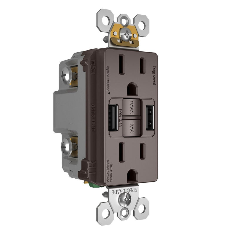 Combo GFCI and USB-AA Charging Outlet, Tamper Resistant, 15A, Brown, Right Side