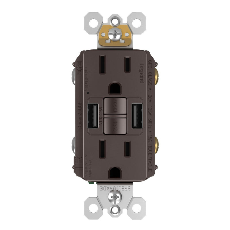 Combo GFCI and USB-AA Charging Outlet, Tamper Resistant, 15A, Brown, Front