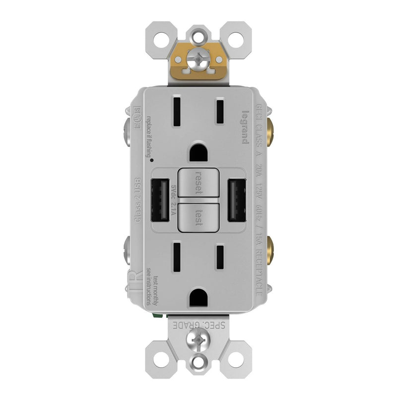 Combo GFCI and USB-AA Charging Outlet, Tamper Resistant, 15A, Gray