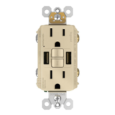 Combo GFCI with USB-AA Charging Outlet, Tamper Resistant, 15A, Ivory