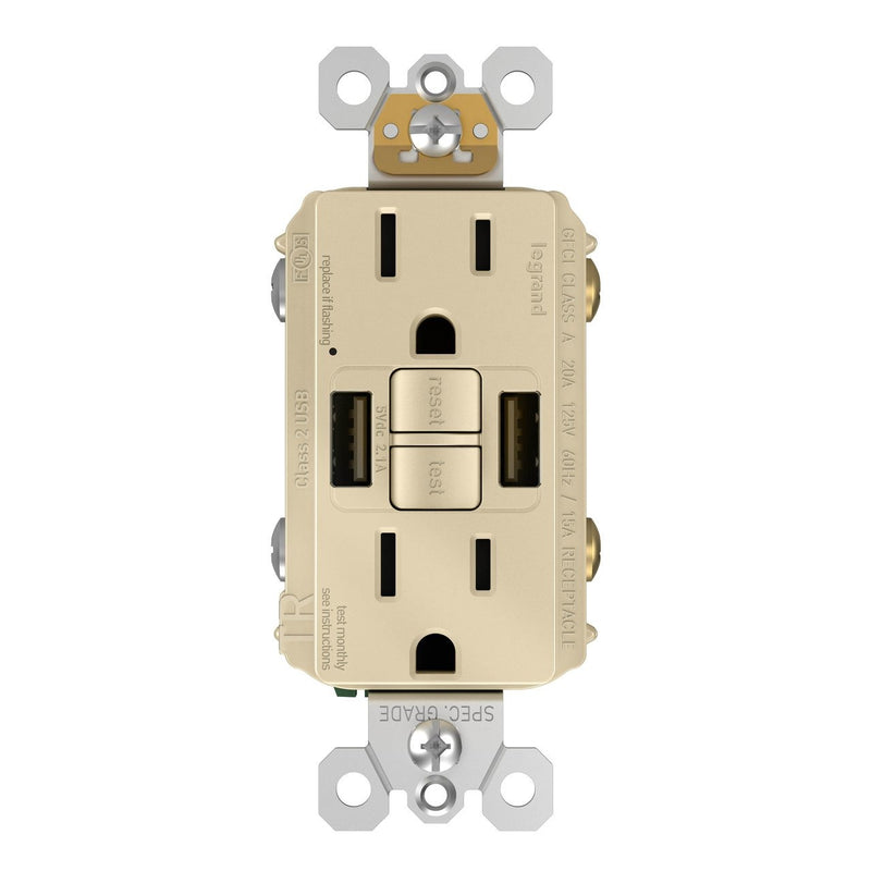Combo GFCI with USB-AA Charging Outlet, Tamper Resistant, 15A, Ivory