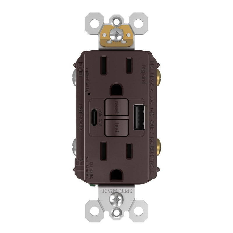 GFCI with USB-AC Charging Combo Outlet, TR, 15A, Dark Bronze