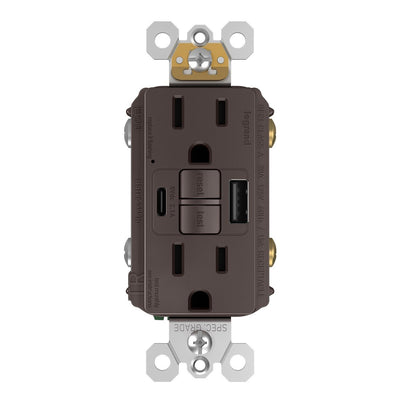 1597TRUSBAC GFCI with USB-AC Charging Combo Outlet, Tamper Resistant, 15A, Brown, Front