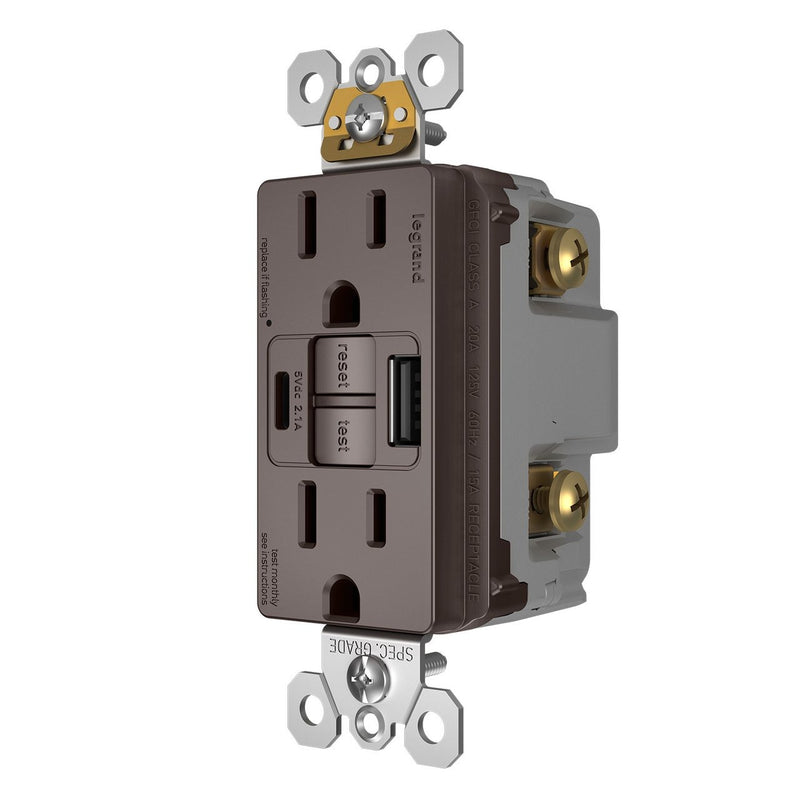 1597TRUSBAC GFCI with USB-AC Charging Combo Outlet, Tamper Resistant, 15A, Brown, Right Side