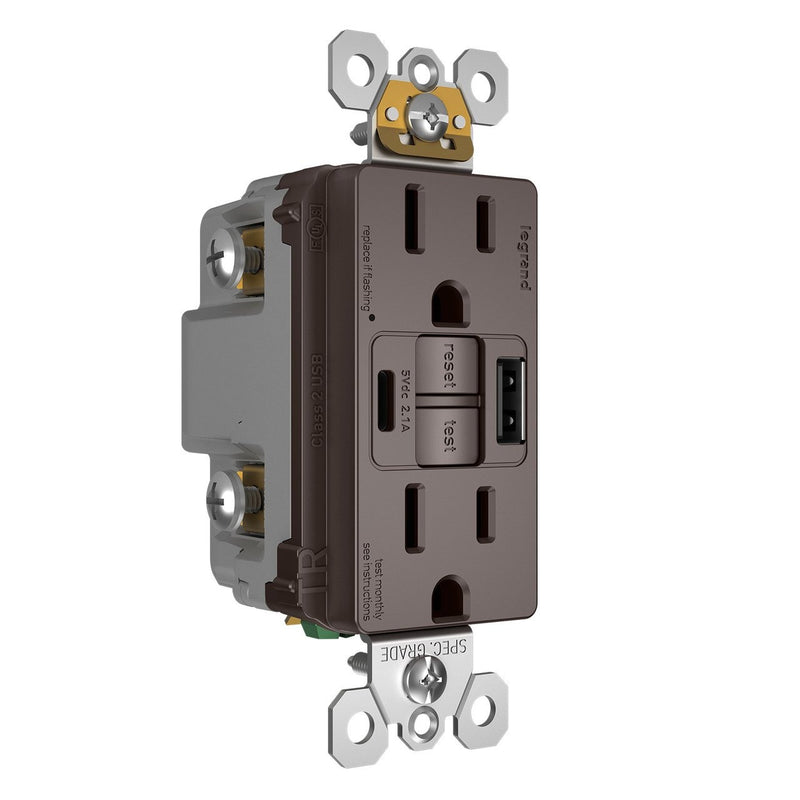 1597TRUSBAC GFCI with USB-AC Charging Combo Outlet, Tamper Resistant, 15A, Brown, Left Side