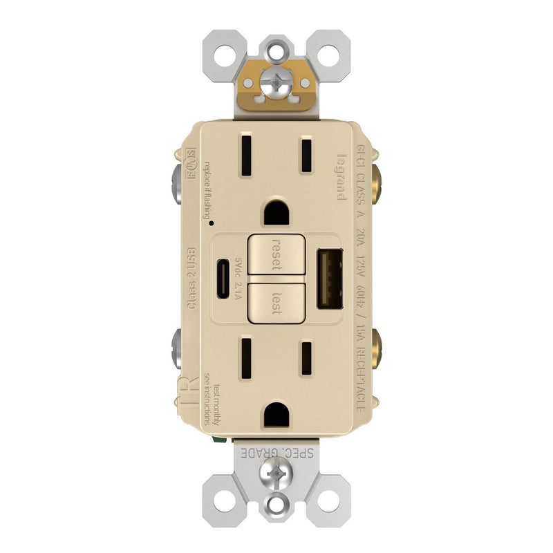 GFCI with USB-AC Charging Combo Outlet, Tamper Resistant, 15A, Ivory