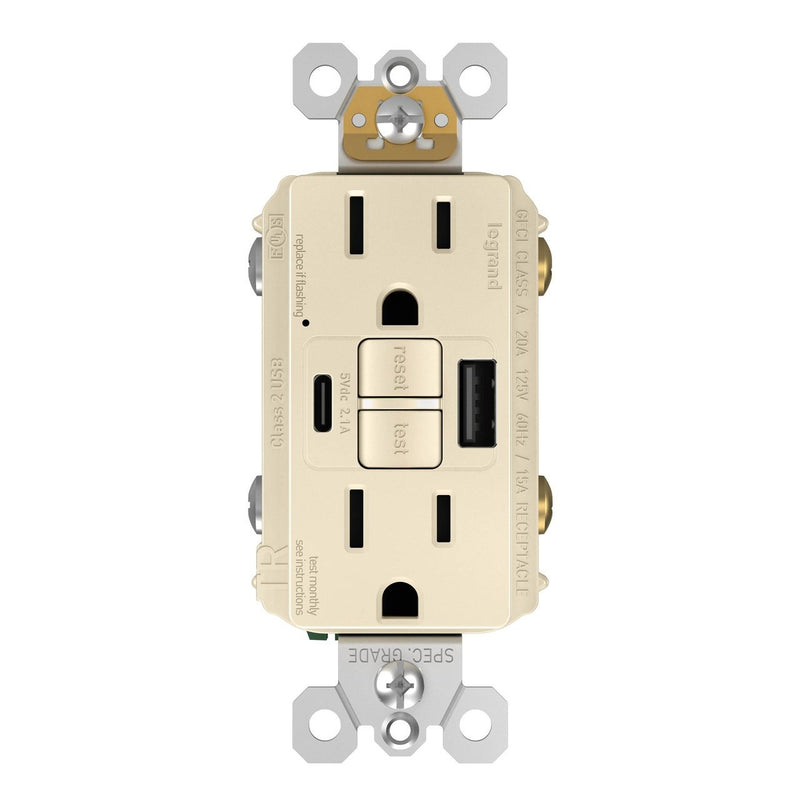 1597TRUSBACLA GFCI with USB-AC Charging Combo Outlet, Tamper Resistant, 15A, Light Almond, Front