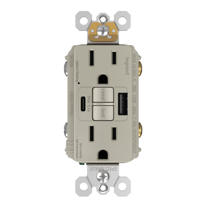 GFCI with USB-AC Charging Combo Outlet, Tamper Resistant, 15A, Nickel