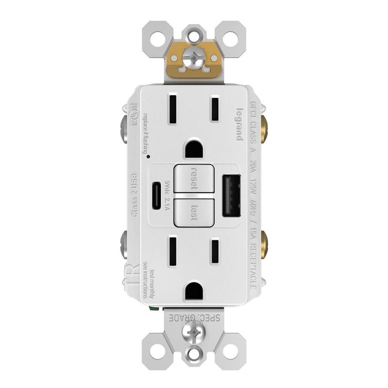 GFCI with USB-AC Charging Combo Outlet, Tamper Resistant, 15A, White