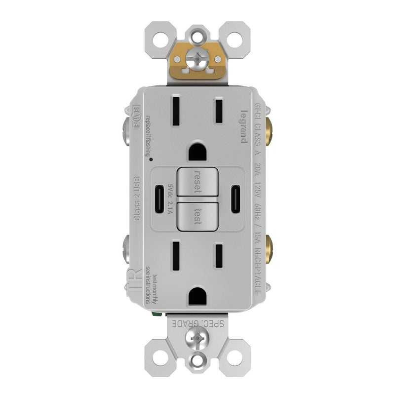 1597TRUSBCCGRY GFCI and USB Combo Outlet Front Gray