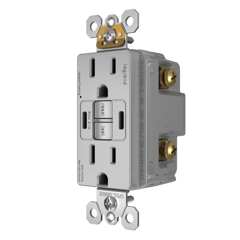 1597TRUSBCCGRY GFCI and USB Combo Outlet Left Side Gray