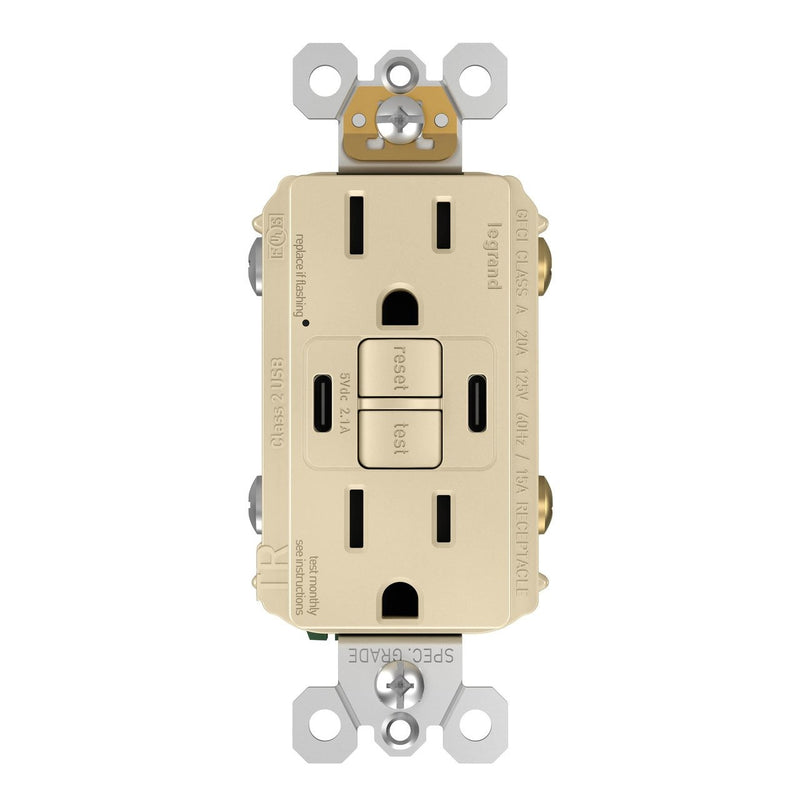 1597TRUSBCCI GFCI and USB Combo Outlet Front Ivory