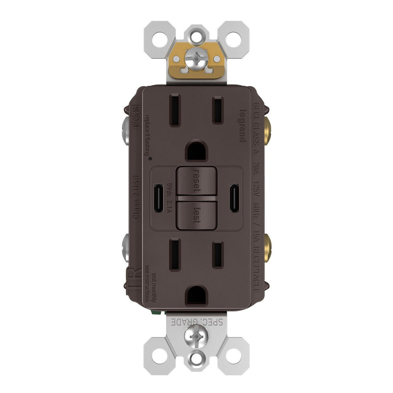 GFCI with USB-CC Charging Combo Outlet, Tamper Resistant, 15A, Brown