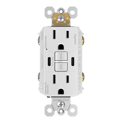 GFCI with USB-CC Charging Combo Outlet, Tamper Resistant, 15A, White