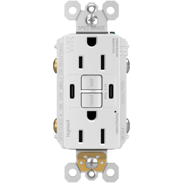 1597TRWRCCW GFCI and USB Charging Combo Outlet, Weather Outdoor Rated, Dual USB C Charging, 15A, White