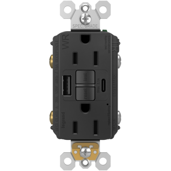 1597TRWRUSBACBK Outdoor GFCI Outlet with USB Charging Ports, Black