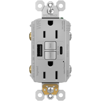 1597TRWRUSBACGRY Front USB GFI Combo Outdoor WR Outlet, Gray