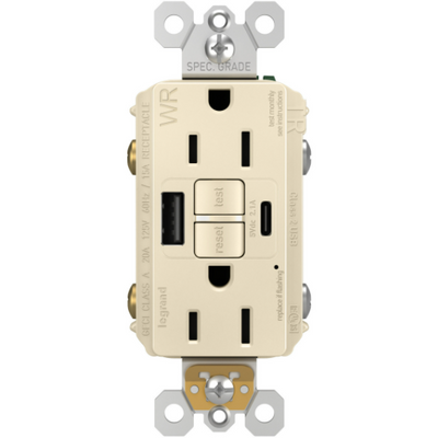 1597TRWRUSBACLA USB and GFI Combo Outdoor WR Outlet, Front, Light Almond