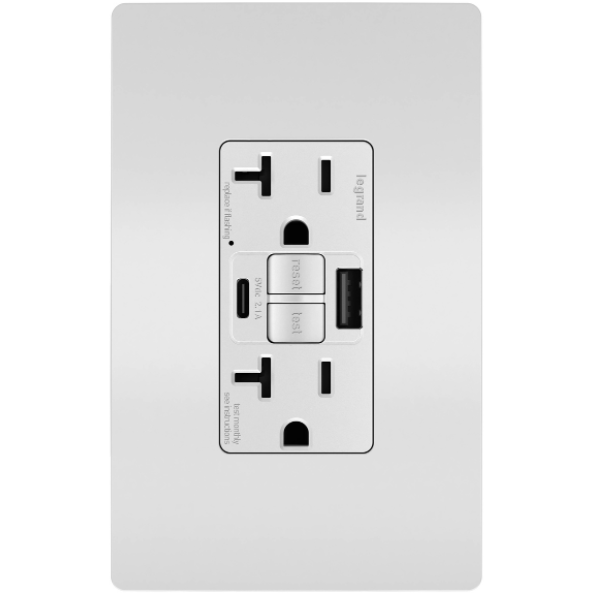 GFCI with USB-AC Charging Combo Outlet, Tamper Resistant, 20A, White Includes Wall Plate