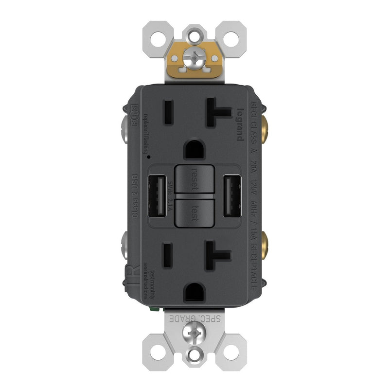 GFCI with USB-AA Charging Combo Outlet, Tamper Resistant, 20A, Graphite