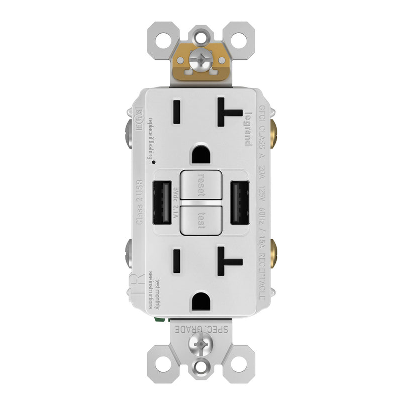 GFCI with USB-AA Charging Combo Outlet, Tamper Resistant, 20A, White
