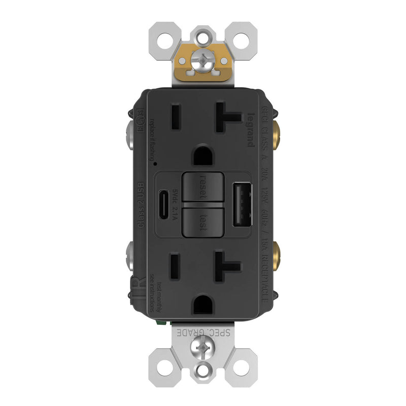 2097TRUSBACBK, USB-AC Charging and GFCI Outlet, 20A, Black, Front
