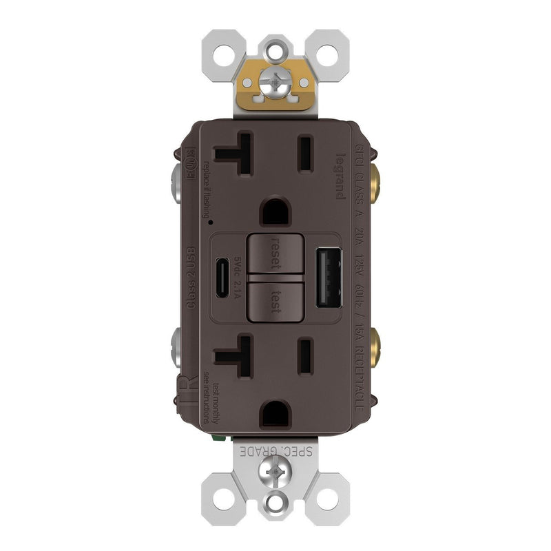 2097TRUSBAC, USB-AC Charging and GFCI Outlet, 20A, Brown, Front