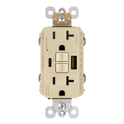 2097TRUSBACI, USB-AC Charging and GFCI Outlet, 20A, Ivory, Front