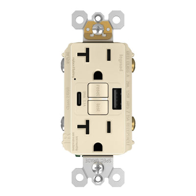 2097TRUSBACW, USB-AC Charging and GFCI Outlet, 20A, Light Almond, Front