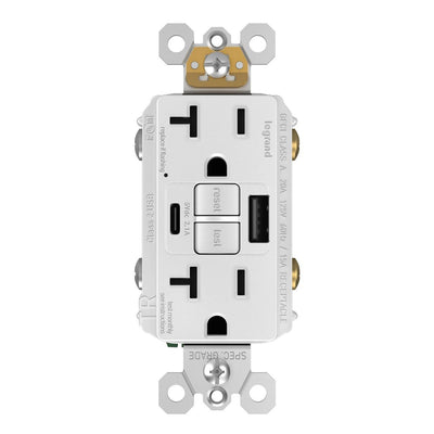 2097TRUSBACW, USB-AC Charging and GFCI Outlet, 20A, White, Front
