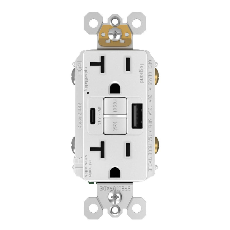 2097TRUSBACW, USB-AC Charging and GFCI Outlet, 20A, White, Front