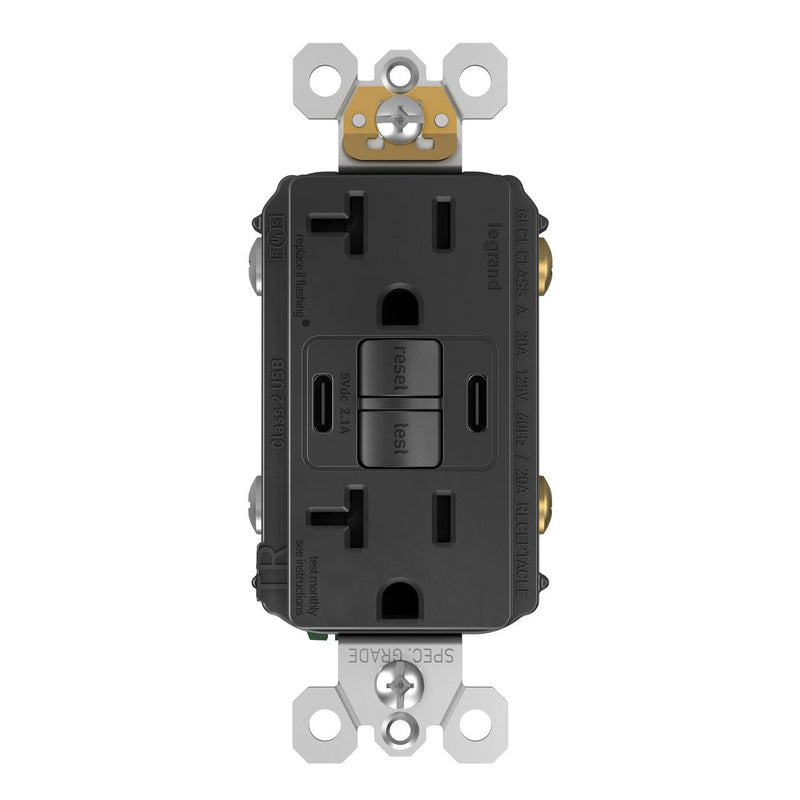 2097TRUSBCCBK, USB-CC Charging and GFCI Outlet, 20A, Black, Front