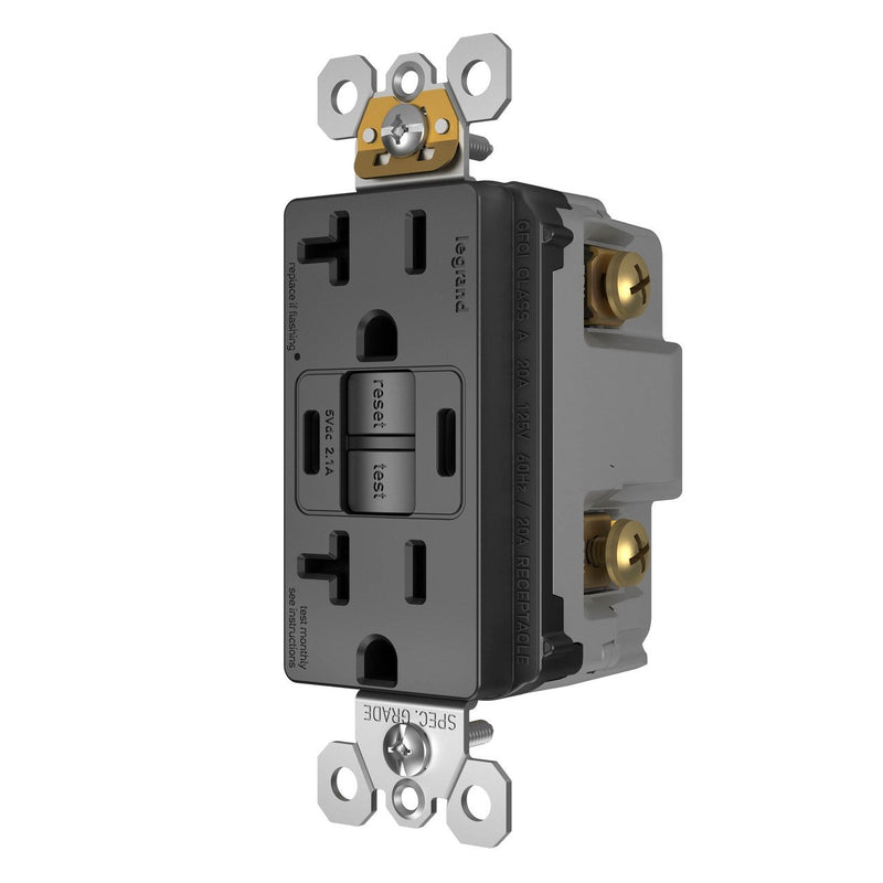 2097TRUSBCCBK, USB-CC Charging and GFCI Outlet, 20A, Black, Right Side