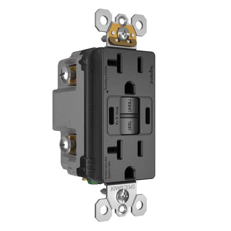 2097TRUSBCCBK, USB-CC Charging and GFCI Outlet, 20A, Black, Left Side