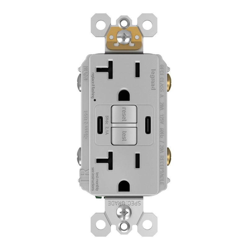 2097TRUSBCCGRY, USB-CC Charging and GFCI Outlet, 20A, Gray, Front