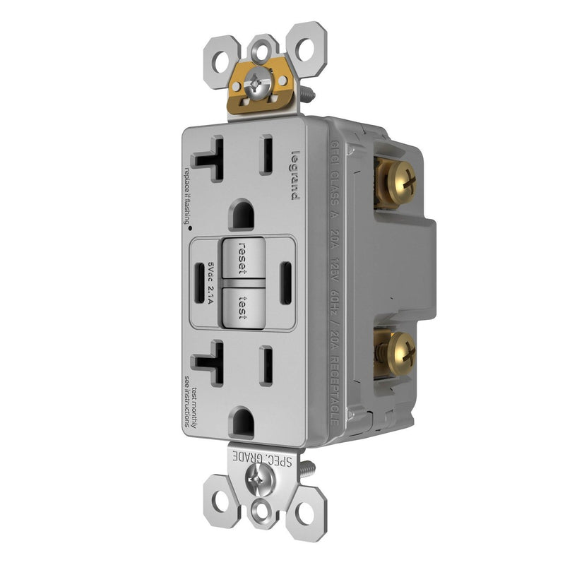 2097TRUSBCCGRY, USB-CC Charging and GFCI Outlet, 20A, Gray, Left Side