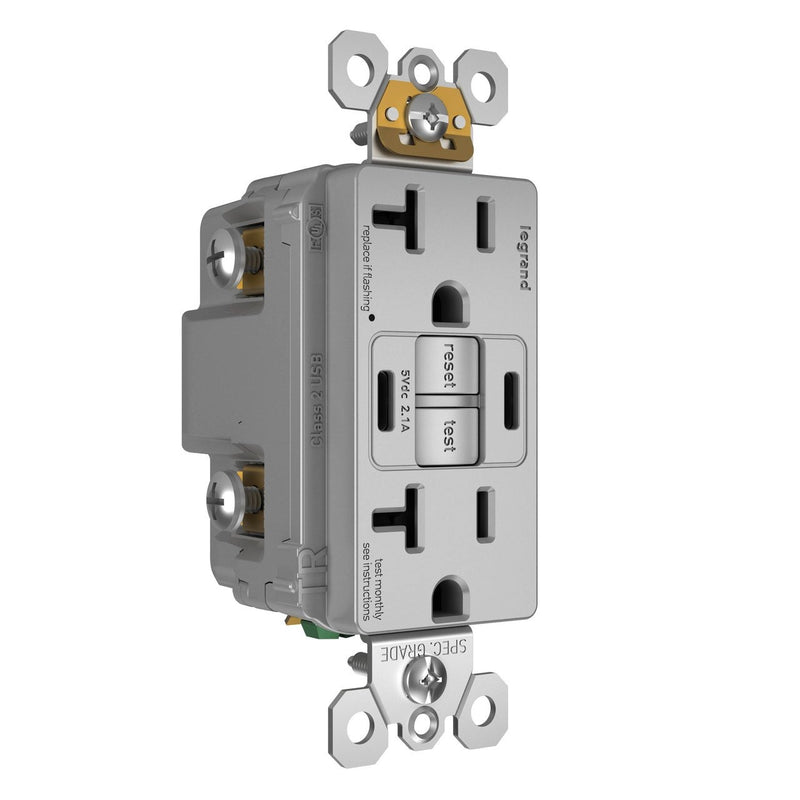 2097TRUSBCCGRY, USB-CC Charging and GFCI Outlet, 20A, Gray, Right Side