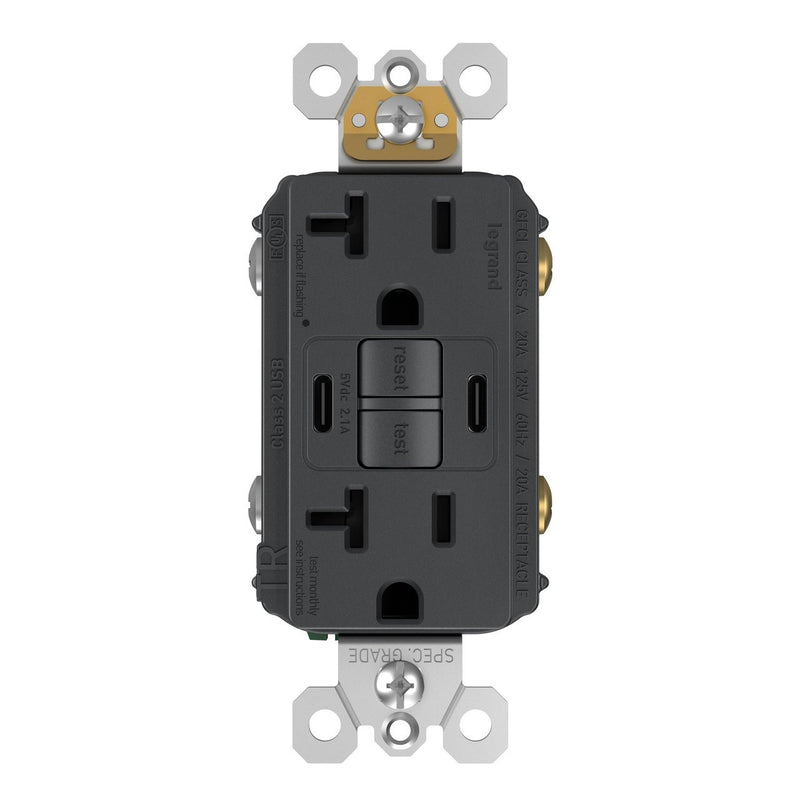 2097TRUSBCCG, USB-CC Charging and GFCI Outlet, 20A, Graphite, Front