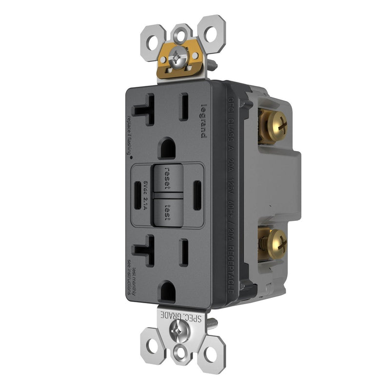 2097TRUSBCCG, USB-CC Charging and GFCI Outlet, 20A, Graphite, Left Side