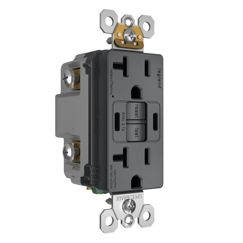 2097TRUSBCCG, USB-CC Charging and GFCI Outlet, 20A, Graphite, Right Side