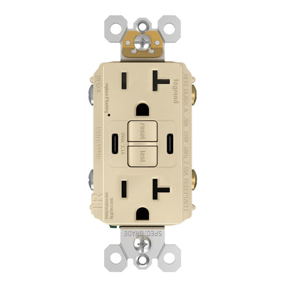 GFCI with USB-CC Charging Combo Outlet, TR, 20A, Ivory, Front