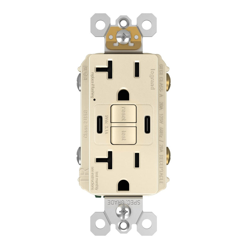 2097TRUSBCCLA, USB-CC Charging and GFCI Outlet, 20A, Light Almond, Front