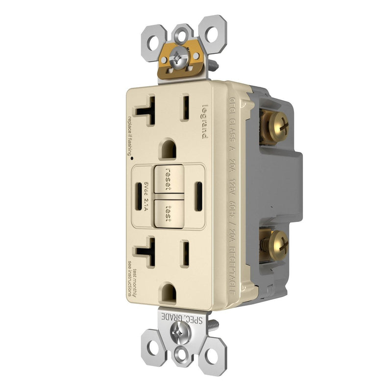 2097TRUSBCCLA, USB-CC Charging and GFCI Outlet, 20A, Light Almond, Left Side