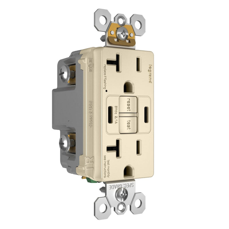 2097TRUSBCCLA, USB-CC Charging and GFCI Outlet, 20A, Light Almond, Right Side