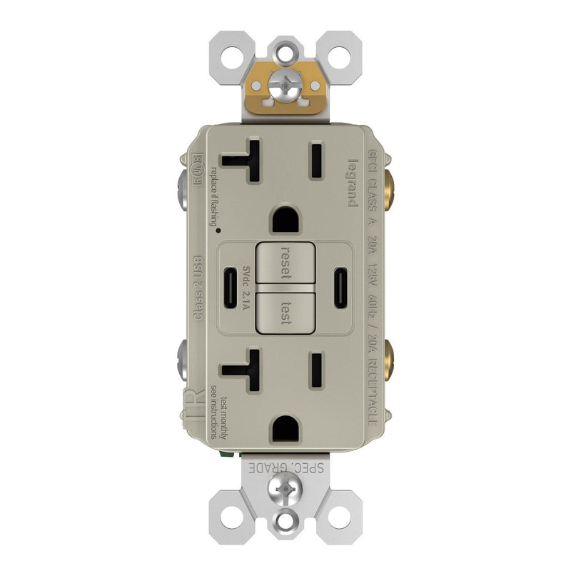2097TRUSBCCNI, USB-CC Charging and GFCI Outlet, 20A, Nickel, Front