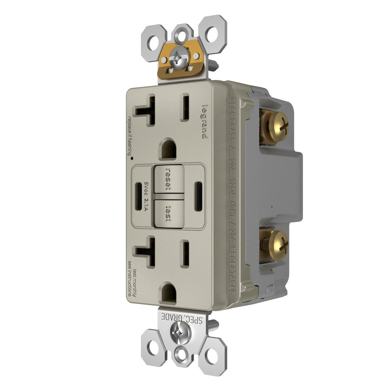 2097TRUSBCCNI, USB-CC Charging and GFCI Outlet, 20A, Nickel, Right side