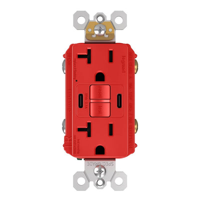 2097TRUSBCCRED, USB-CC Charging and GFCI Outlet, 20A, Red, Front