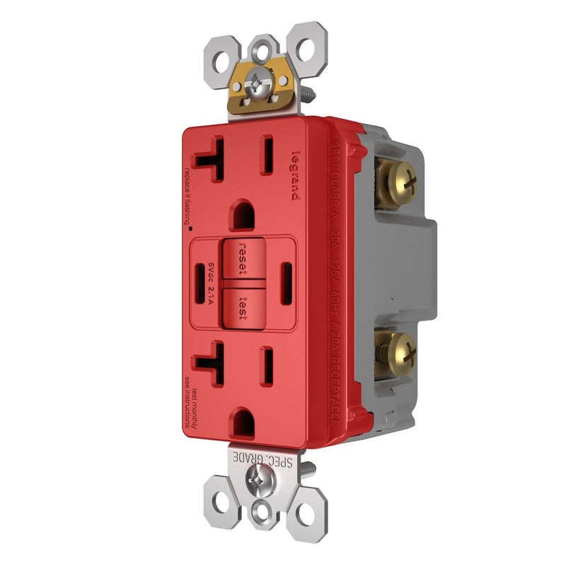 2097TRUSBCCRED, USB-CC Charging and GFCI Outlet, 20A, Red, Right Side